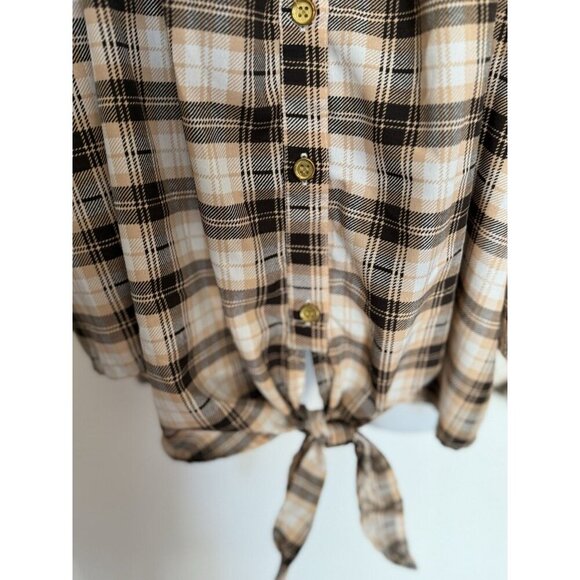 New Glory Off The Shoulder Crop Front Tie Knot Button Brown Peach Plaid WM 2X - Picture 10 of 16